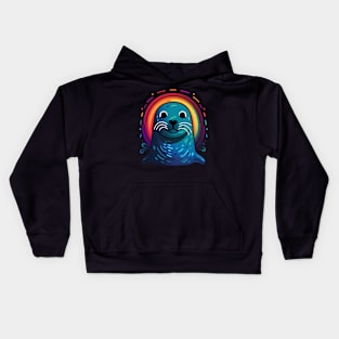 Cute Seal Cartoon Animal Lover Rainbow Black Kids Hoodie